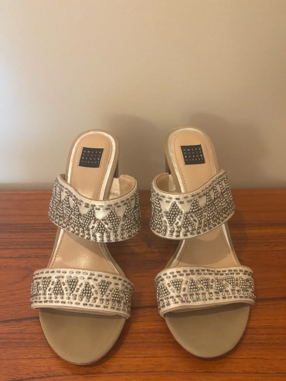 White House Black Market Cream Beaded Two-Band Slide Sandals